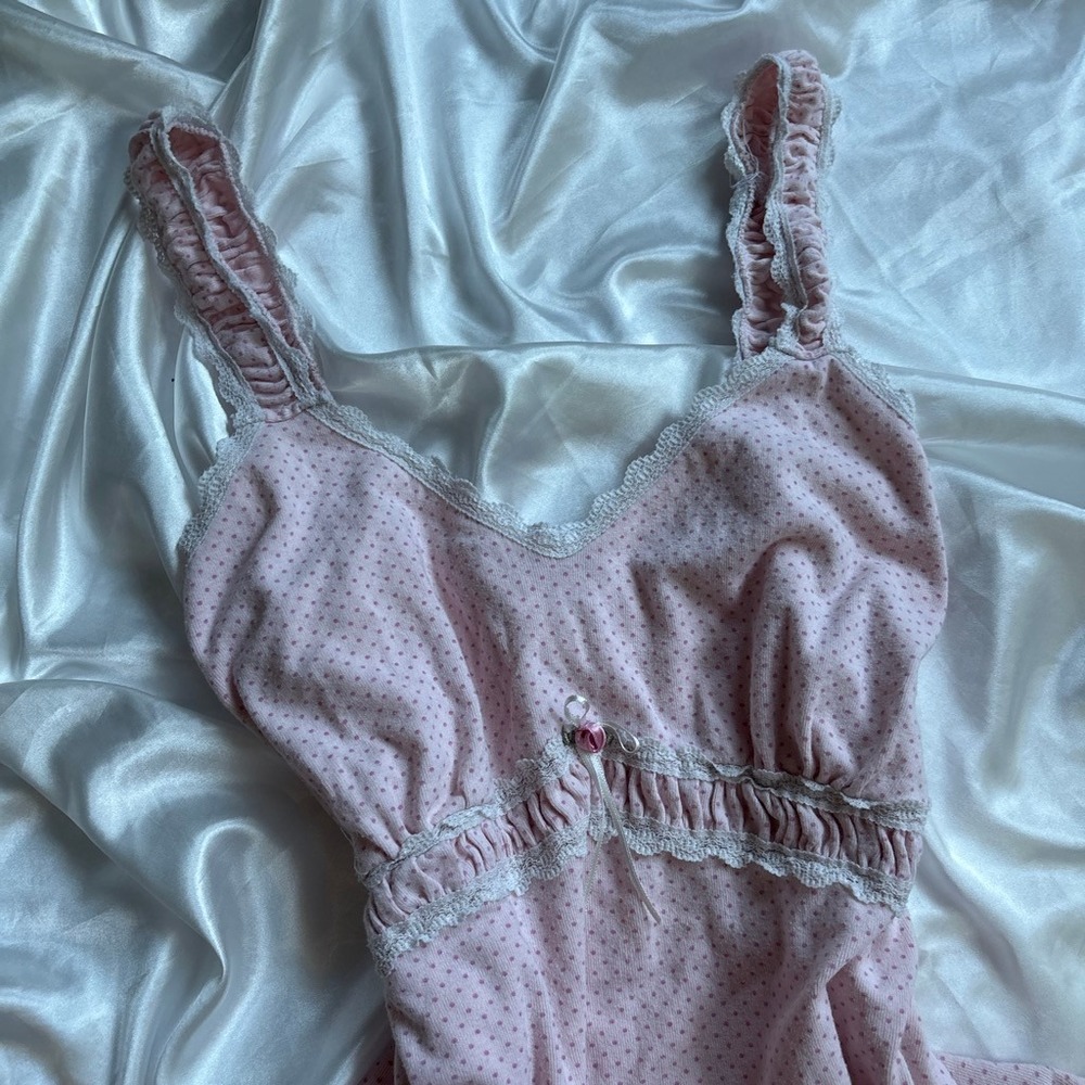 Vintage Coquette Cami Top Pink Lace Trim Polka Dot Dressbarn L - Picture 2 of 7